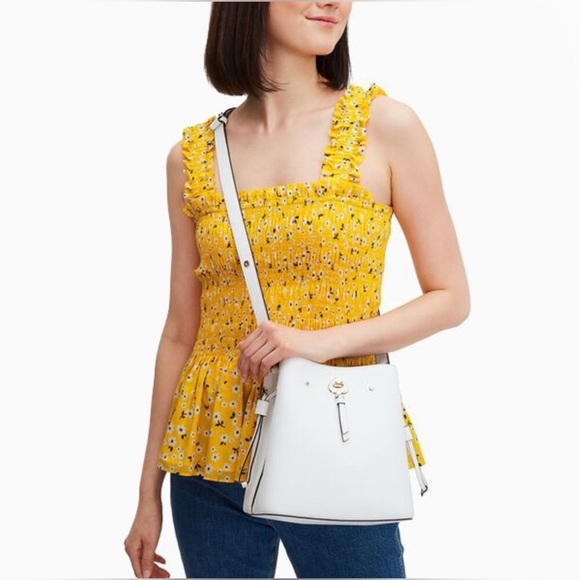 Kate Spade Marti Genuine Pebbled Leather Bucket Bag White Purse Silver Hardware